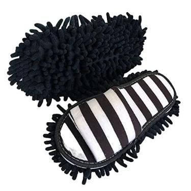 Imagem de Generic Lazy Mop Chinelos, limpador lavável macio destacável aberto dedo do pé ferramenta de limpeza de microfibra para quarto casa chão limpeza de poeira, preto branco