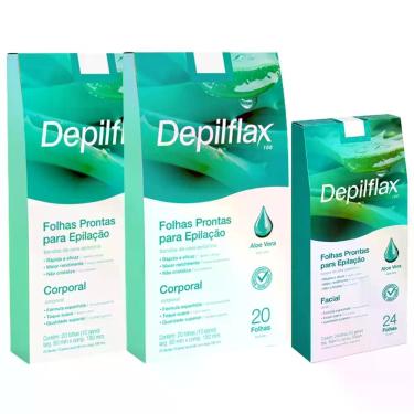 Imagem de Kit Depilação Aloe Vera 2 Corporal + 1 Facial Depilflax Folhas Prontas