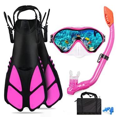 Imagem de AosDero Conjunto De Mergulho Com Snorkel Infantil Nadadeiras, Máscara Panorâmica, Protetores Auriculares Secos, Bolsa Equipamentos, Para Crianças, Jovens, Meninos E Meninas 5 A 12 Anos