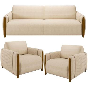 Imagem de Kit Sofá 03 Lugares Sala Estar 223cm Com 02 Poltronas Flora Pés Madeir