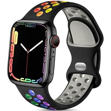 Imagem de Pulseira esportiva de silicone de substituição Lerobo compatível com Apple Watch 9, 8, 7, 6, 5, 4, 3, 2, 1, SE e Ultra 2 de 41 mm, 40 mm e 38 mm, macia e respirável, unissex, preta/arco-íris, P/M