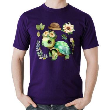 Imagem de Camiseta Algodão Tartaruga, flores e chapéu - Foca na Moda, Roxo, GGG
