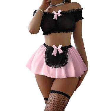 Imagem de Foxiny Conjunto de 4 peças de lingerie de renda transparente de malha sexy com calcinha fio dental, Laço preto e rosa, 2X-Small