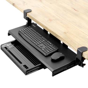 Imagem de VIVO Bandeja de teclado grande sob a mesa com gaveta de lápis, suporte de grampo C extra resistente, 27 (33 incluindo braçadeiras) x bandeja deslizante de 28 cm com gaveta de armazenamento, preta