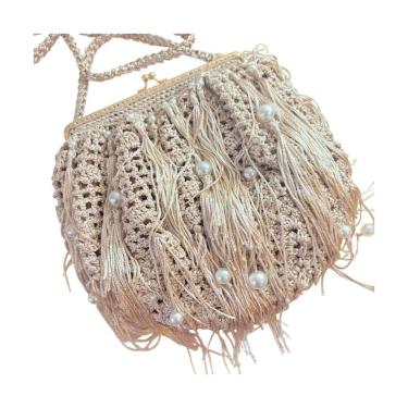 Imagem de Bolsa de Festa Champagne com Franjas e Pérolas  Crochê Artesanal - Pis