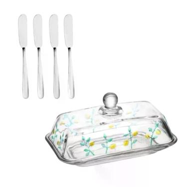 Imagem de Kit Mesa Posta Manteigueira Cristal Siciliano + 4 Espátulas Premium - 