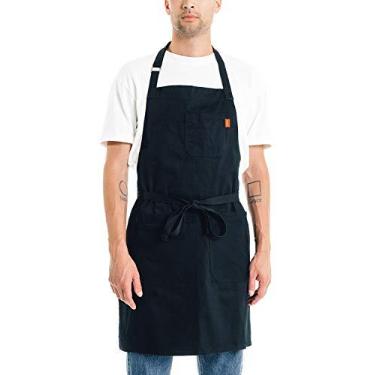 Imagem de Avental de cozinha de algodão diário da Caldo para cozinhar - avental profissional de cozinheiro ou servidor - alças ajustáveis com bolsos e laço de toalha, Preto
