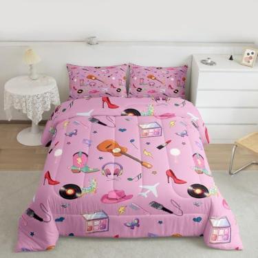 Imagem de Erosebridal Jogo de cama com tema de música rosa, violão, bola de discoteca, moderno, tema de música pop, chapéu de oeste, para crianças, meninas e mulheres