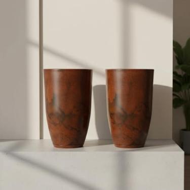 Imagem de Kit 2 Vasos Coluna Luxo Polietileno Marmorizado Jardim Planta Flores Natural e Artificial Sala Escriório Varanda Área Externa e Interna 50cm Estilo Vietnamita (Marrom Premium)