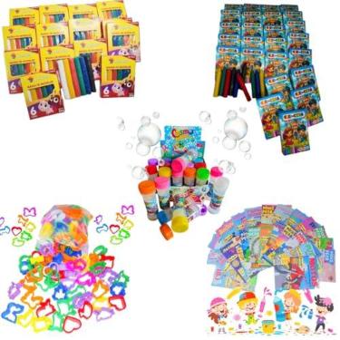 Imagem de Kit 10 Massinha Modelar + 10 Bolha Sabão + 10 Giz Cera + 20 Corta + 10 Colorir Lembrancinha Infantil