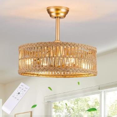 Imagem de OPKMB Luminária para ventilador de teto de vime de montagem semi-embutida dourada de 50,8 cm, persiana de tambor com 7 lâminas transparentes, controle remoto, base E26, motor reversível, estilo boho