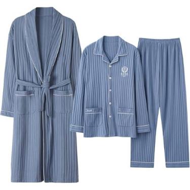 Imagem de Pijama masculino define algodão de manga longa, manga comprida, tecido de tecido de botão com roupão de banho e calça superior de 3, azul claro 3, l