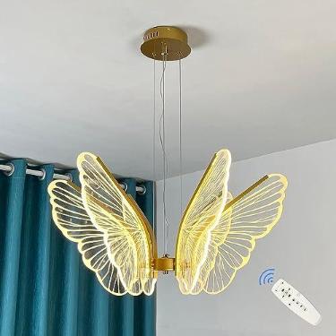 Imagem de Lustre LED borboleta com controle remoto regulável moderno teto pendente luz redonda dourada grande lâmpada pendurada para sala de jantar quarto meninas quarto infantil