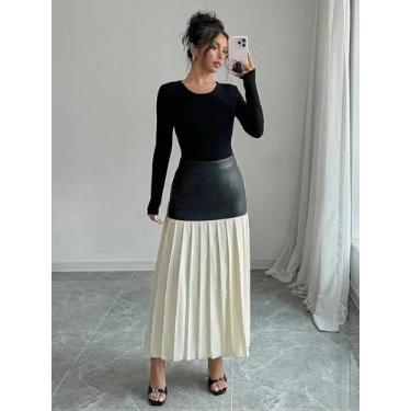 Imagem de Saia maxi feminina preta de couro sintético e creme plissada - Saia midi de cintura alta em dois tons, Damasco, X-Large