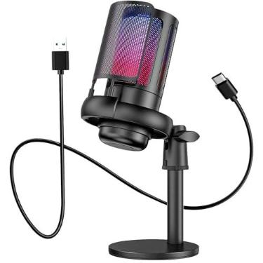 Imagem de Microfone RGB Condensador Com Conector De Monitoramento De Fone De Ouvido USB Profissional Controle De Luz Gamer Para Computador Jogos Transmissao Ao Vivo Plug And Play (Preto)