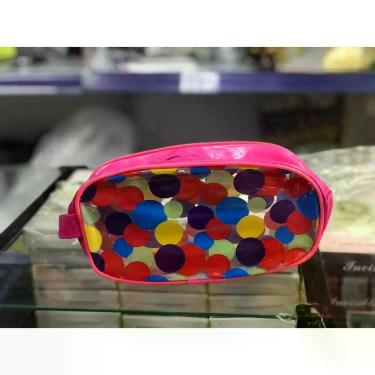 Imagem de Estojo Escolar OEM Bolsinha Transparente em Polipropileno com Zíper 23x11x5 cm Modelo Rosa com Bolinhas