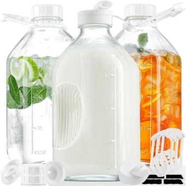 Imagem de Pacote com 3 garrafas de água de vidro de 2 litros com alça e tampa de parafuso hermética reutilizável - Jarros de suco de 1,8 l, recipiente de leite de vidro de 1/2 galão para geladeira, jarro de