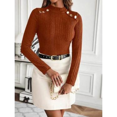 Imagem de Blusa feminina elástica com nervuras enferrujadas - blusa de manga comprida com botões e ombros, Ferrugem, M