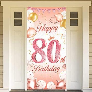 Imagem de DPKOW Decoração de festa de aniversário de 80 anos em ouro rosa, faixa de aniversário de 80 anos para decoração de porta de fundo, faixa de fundo de aniversário de 80 anos para decoração de parede de jardim, tecido de 185 x 90 cm