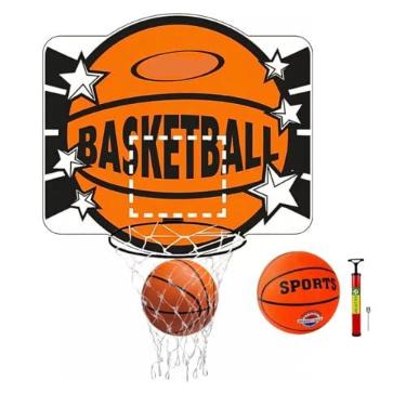 Imagem de Cesta Tabela de Basquete Infantil MDF com Aro de Ferro - Cesto para Parede com Rede para Basquetebol - Com Bola e Bomba De Ar (Cesta + Bola de Basquete + Bomba de Ar)