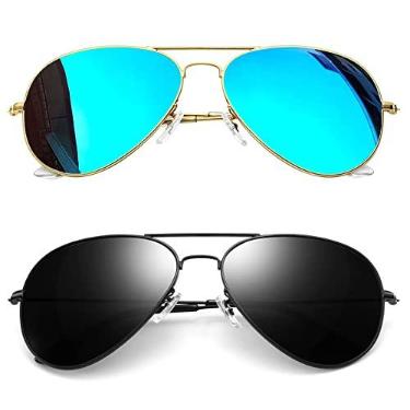 Imagem de Óculos de Sol Masculino e Feminino Polarizado Joopin Clássico Oval Estilo Militar Óculos de sol de Metal Armação para homens e mulheres UV400 Proteção (2 Pacote Grande (Azul + Preto, Grande 62)