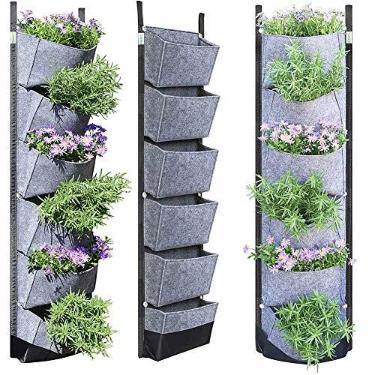 Imagem de BUYTER Vaso de jardim vertical para pendurar na parede com 6 bolsos, vasos de flores, vasos de feltro para vasos de flores (cinza)