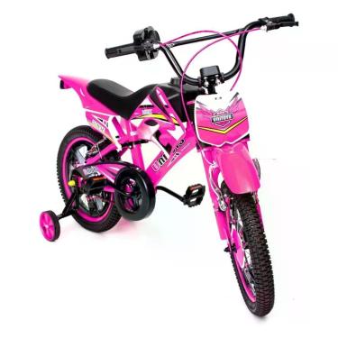 Imagem de Bicicleta Moto Cross Aro 16 4 a 8 Anos V-Brake com Som de Moto Rosa Unitoys