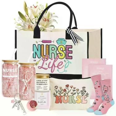 Imagem de Conjunto de Presente para Enfermeira VKTASIMK Bolsa Tote Meias Vela Co