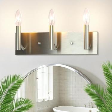 Imagem de Kalium Luminária de banheiro de 3 luzes, luminárias modernas de banheiro de níquel escovado sobre espelho, luzes de penteadeira para banheiro, espelho, sala de estar, quarto