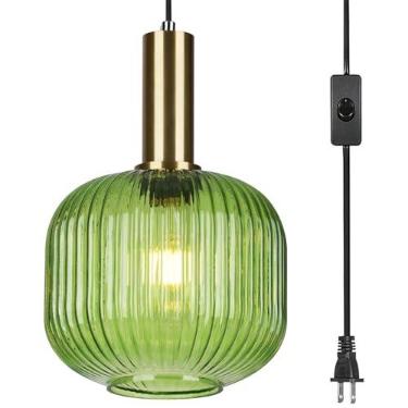 Imagem de JIWUZHI Luminária Pendente De Encaixe, Vidro Verde, Com Interruptor Liga/Desliga, Lustre Vintage 1 Lâmpada, 4,5 M Fio, Para Teto, Quarto, Sala Estar, Jantar, Cozinha