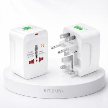 Imagem de KIT 2 Adaptador Tomada Universal para Viagem Internacional Compatível com + de 150 Países Bivolt Branco (USA, UK, AU, Argentina, Europa) Premium com Trava de segurança e Luz Indicativa Padrão