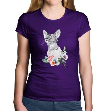 Imagem de Baby Look Algodão Gato e Flores - Foca na Moda, Roxo, GGG