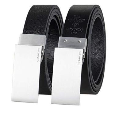 Imagem de Calvin Klein Cinto masculino duplo em um reversível com fivela de placa moderna, Preto escuro/preto, Small (30-32)