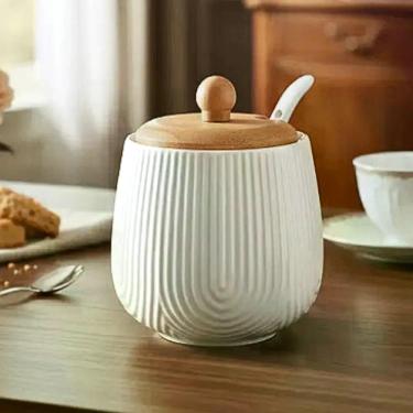 Imagem de Açucareiro Oasis Cerâmica Branca Bambu Colher Textura 360ml - Hauskraf
