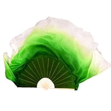 Imagem de Ventoinhas dobráveis com leque dobrável 1 par duas camadas de véu duplo 100% seda verdadeira bambu ventilador dobrável dança do ventre show adereços meio círculo véus de seda verde (cor: branco