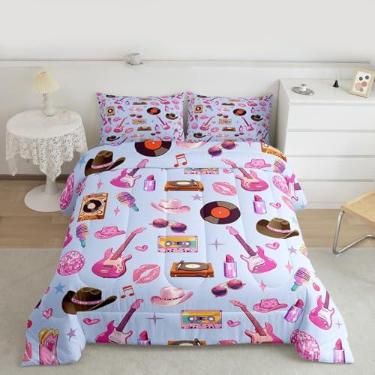 Imagem de jejeloiu Jogo de cama para meninas, música, violão, gato, vaqueira, ocidental, moderno, feminino, azul, rosa, decoração de quarto, leve, com 1 edredom, 2 fronhas