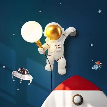 Imagem de Aplique de parede Astronauta, luminária de parede infantil moderna em formato de lua 3D com cúpula de acrílico, luz de cabeceira LED, luz noturna regulável, adequada para quartos de meninos