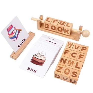 Imagem de Kiboule Blocos de letras de madeira Alfabeto giratório móvel Blocos de correspondência Palavras Leitura de ortografia com 50pcs Cartões Jardim de Infância Pré-escolar Montessori Educação Infantil Bri