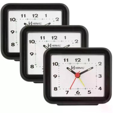 Imagem de Kit 3 Relogio Despertador Analogico Preto Herweg 2612 Mesa