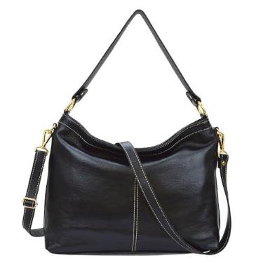 Imagem de Bolsa Feminina Transversal e Ombro Couro Legítimo com Zíper Tamanho Médio (Preta)