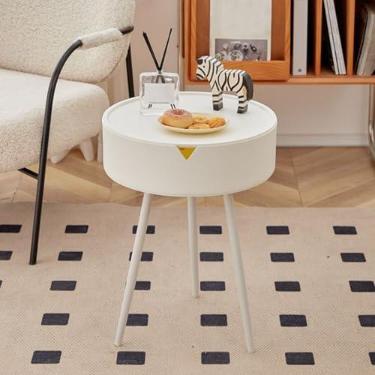 Imagem de Mesa de canto redonda com gaveta, mesa lateral de café para sala de estar, bandeja removível de plástico, pernas de aço, fácil de instalar