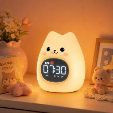 Imagem de Aokpsrt Despertador de gato com luz noturna para crianças com máquina de som e treinamento de sono, lâmpada de silicone recarregável OK para despertar, lâmpada de mesa de animal fofo, companheiro de