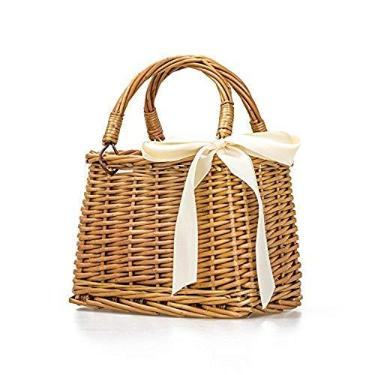 Imagem de Bolsa de mão natural redonda de vime para piquenique bolsa balde retrô verão mulheres bolsas de praia, Cáqui retangular, 10.2" x 6.7" x6.3"