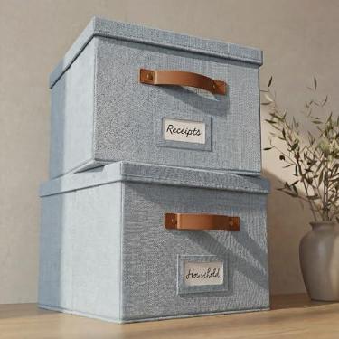 Imagem de ZICOTO Conjunto de 2 caixas decorativas organizadoras de arquivos - Armários dobráveis de linho com alças são perfeitos para armazenar todos os seus documentos e pastas de arquivos suspensas - Caixas