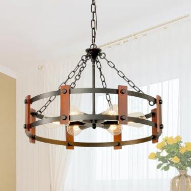 Imagem de Lanpesting Lustre de madeira para casa de fazenda, 58 cm, preto, moderno, rústico, vintage, pendente, luminária de teto para sala de jantar, quarto, cozinha, ilha, corredor, entrada (6 luzes
