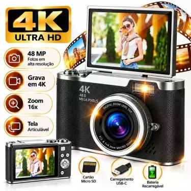 Imagem de Câmera Fotográfica 4K Compacta com Tela Articulável e Zoom Cor Preta -