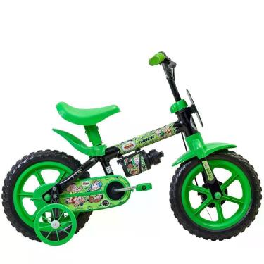 Imagem de Bicicleta Infantil Aro 12 Cebolinha Freio a Tambor com Garrafinha Rodinhas Laterais Preto Verde Track & Bikes