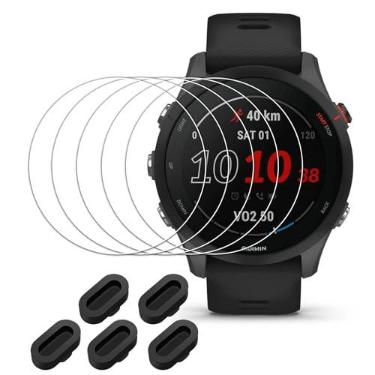 Imagem de Vancle Pacote com 5 protetores de tela para Garmin Forerunner 255/255 Music com 5 plugues de silicone antipoeira, película protetora de vidro temperado antiarranhões