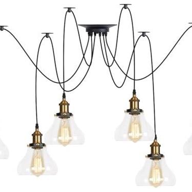 Imagem de Luminária pendente ajustável múltipla DIY teto aranha lâmpada, latão V-intage industrial vidro transparente sombra lustre pendurado iluminação, decoração moderna