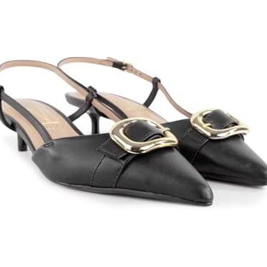 Imagem de Vizzano Scarpin Feminino, Preto com Fivela Dourada, Salto Baixo, Slingback (Preto, BR, Adulto, Numérico, M, 40)